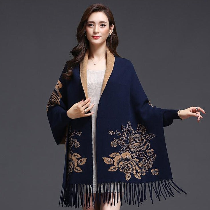 Batwing Sleeve Floral Sweater Shawl with Tassels – IDREAMMART