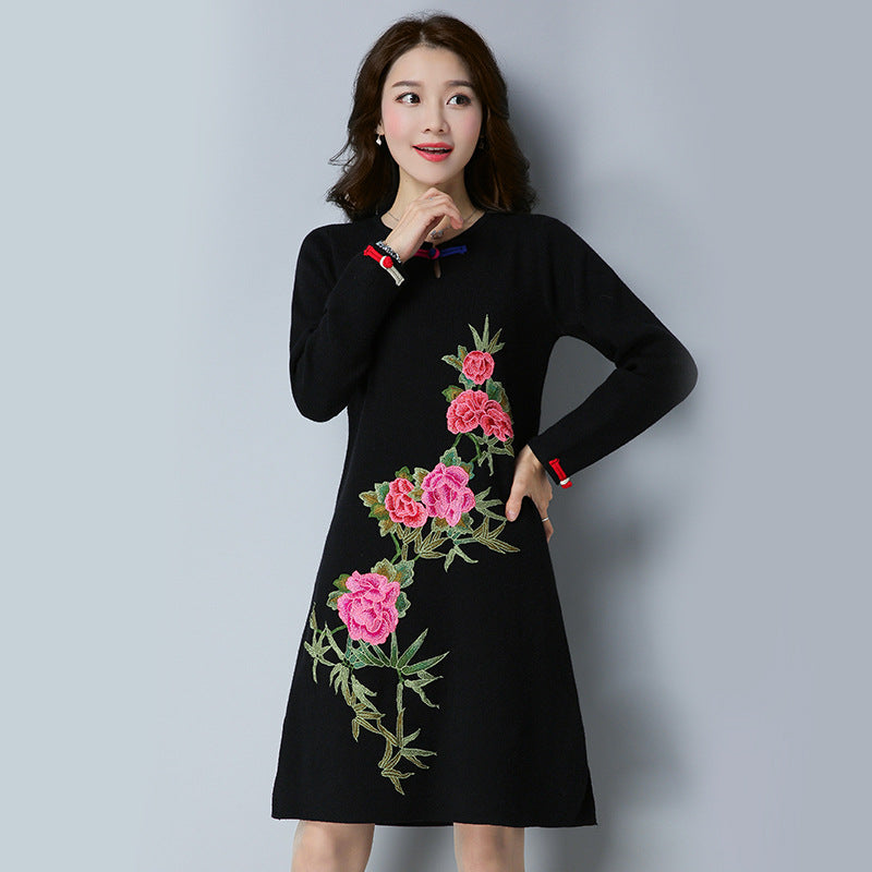 Long Sleeve Floral Embroidery Cheongsam Chinese Style Sweater Dress – IDREAMMART Long Sleeve Floral Embroidery Cheongsam Chinese Style Sweater Dress – IDREAMMART