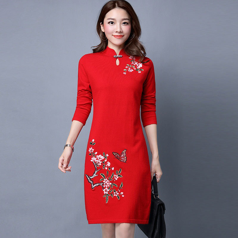 Vestido de suéter estilo chino cheongsam con cuello en forma de