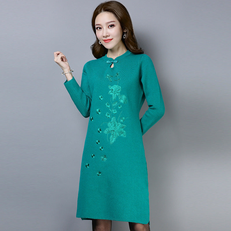 Floral Embroidery Long Sleeve Cheongsam Chinese Style Sweater Dress IDREAMMART Floral Embroidery Long Sleeve Cheongsam Chinese Style Sweater Dress IDREAMMART