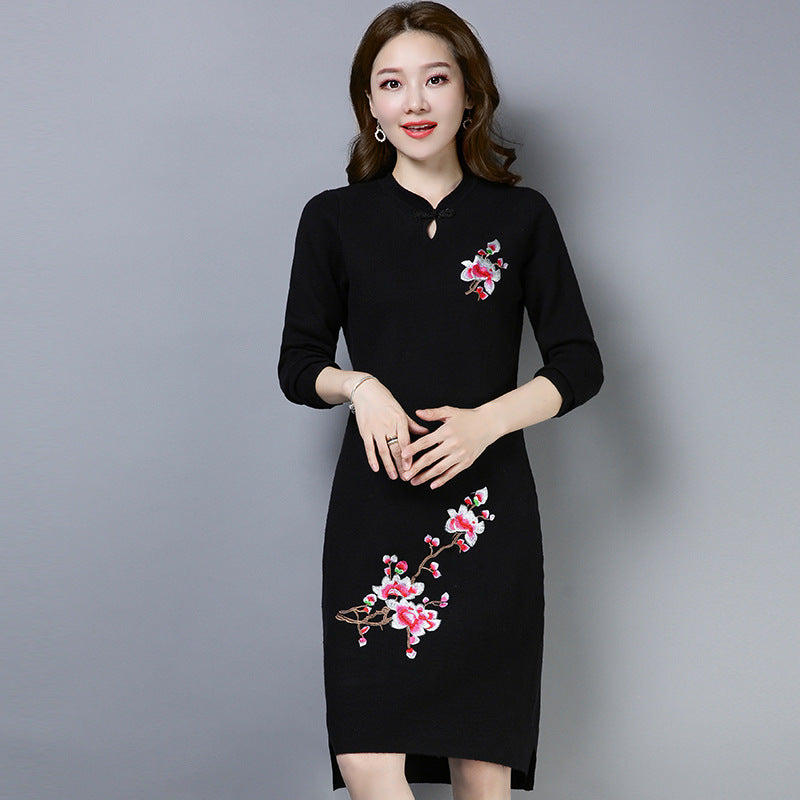 Floral Embroidery Long Sleeve Knee Length Cheongsam Bodycon Sweater Dress