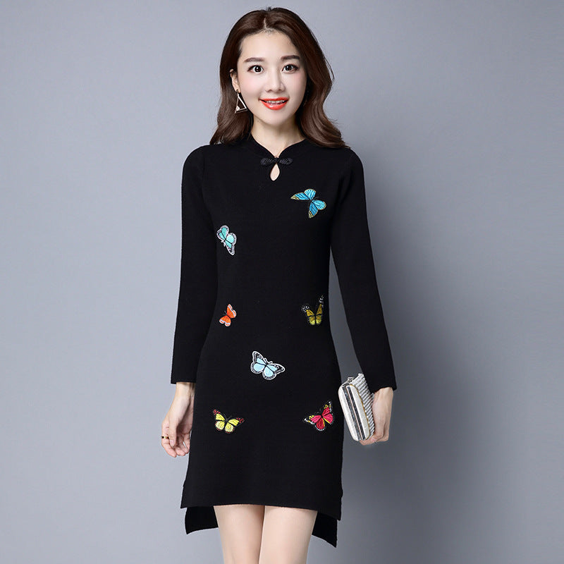 Butterfly Embroidery Retro Cheongsam Bodycon Sweater Dress