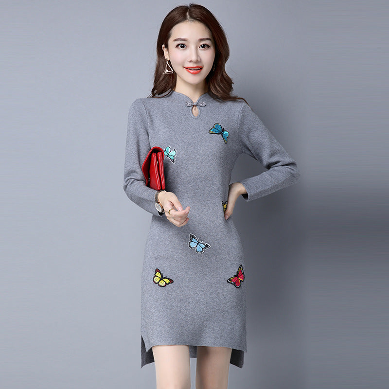 Butterfly Embroidery Retro Cheongsam Bodycon Sweater Dress
