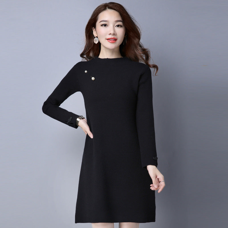 Knee Length Chinese Style Sweater Dress with Frog Button Cuff IDREAMMART Knee Length Chinese Style Sweater Dress with Frog Button Cuff IDREAMMART