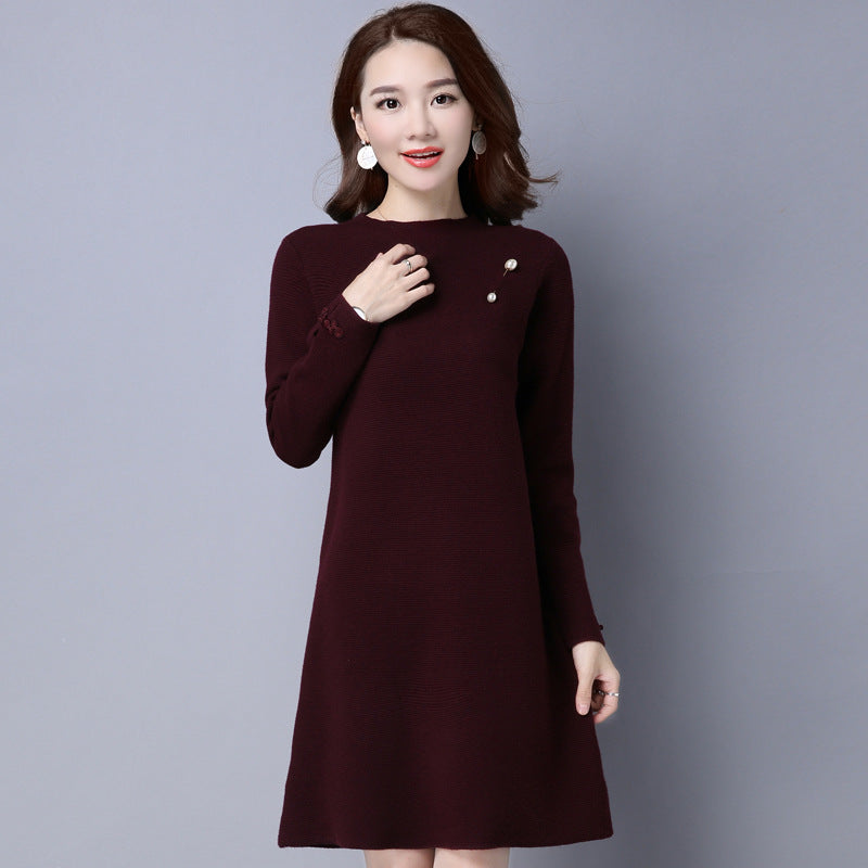 Knee Length Chinese Style Sweater Dress with Frog Button Cuff Knee Length Chinese Style Sweater Dress with Frog Button Cuff