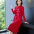 Floral Embroidery Mandarin Collar Modern Cheongsam A-line Knit Dress