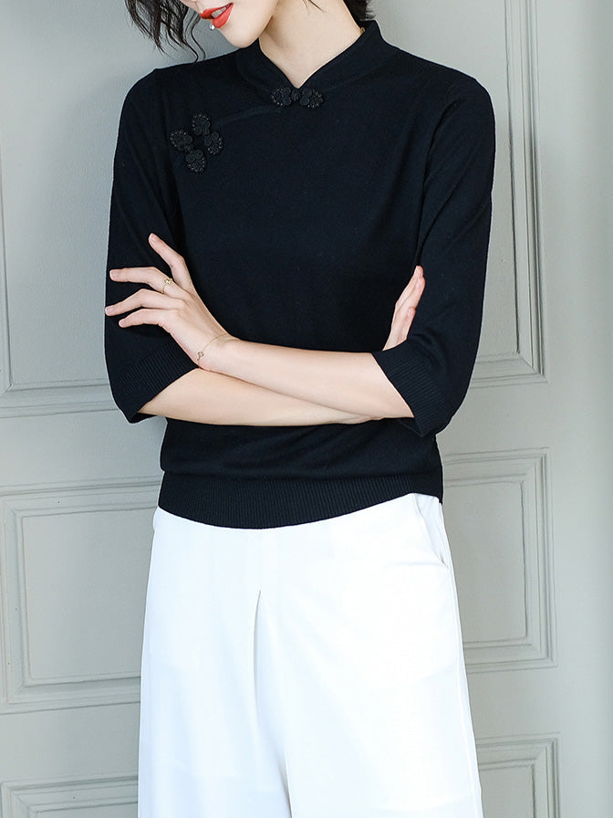 3/4 Sleeve Cheongsam Top Chinese Style Knit Shirt