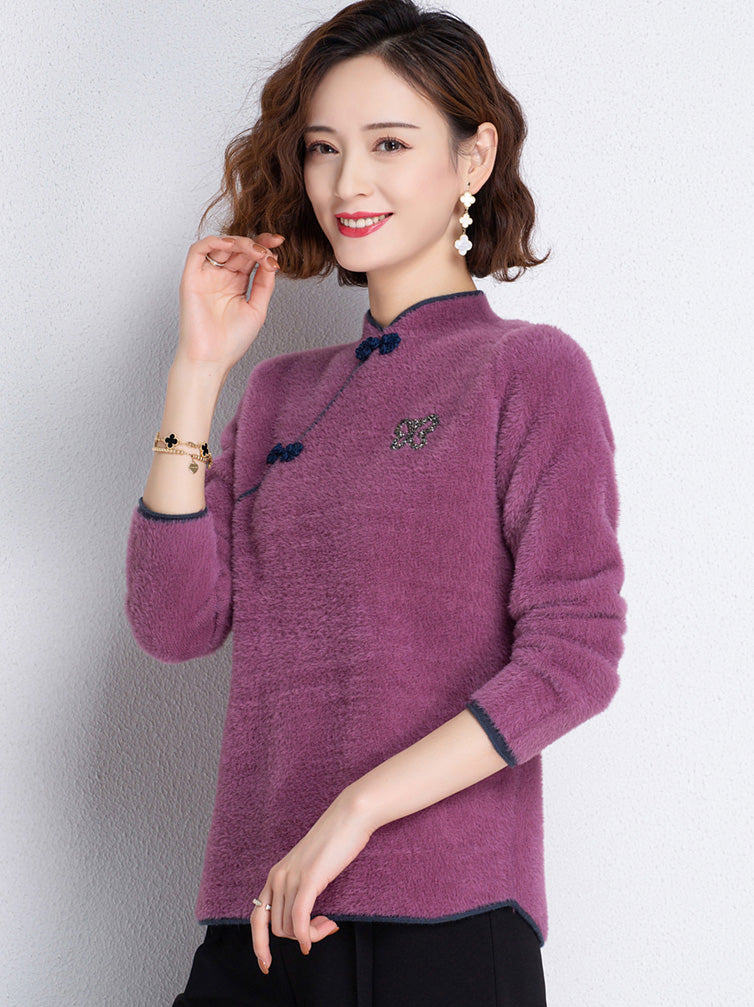 Mink Velvet Cheongsam Top Chinese Style Knit Shirt