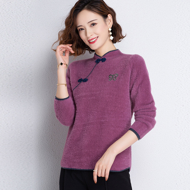 Mink Velvet Cheongsam Top Chinese Style Knit Shirt