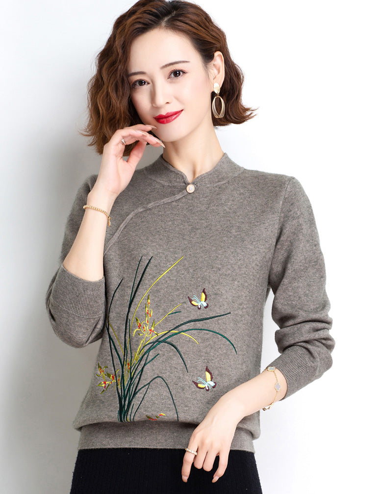 Floral Embroidery Cheongsam Top Chinese Style Loose Knit Shirt