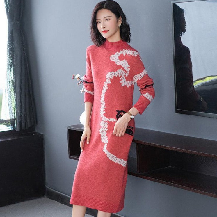 High Collar Long Sleeve Chinese Style A-line Knit Dress Sweater Dress High Collar Long Sleeve Chinese Style A-line Knit Dress Sweater Dress