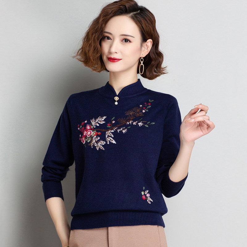 Floral Embroidery Blouse Chinese Style Knit Shirt