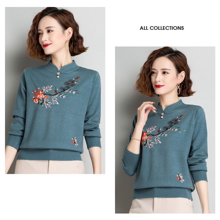 Floral Embroidery Blouse Chinese Style Knit Shirt
