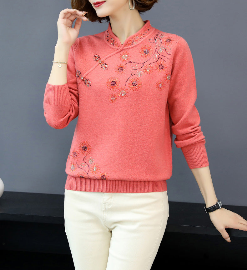 Floral Sequins Women's Blouse Chinese Style Knit Shirt