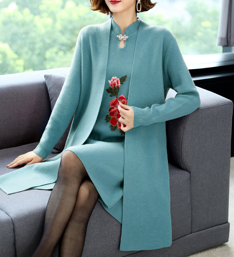 Floral Embroidery Chinese Style Knit Cheongsam & Coat Two-piece Suit