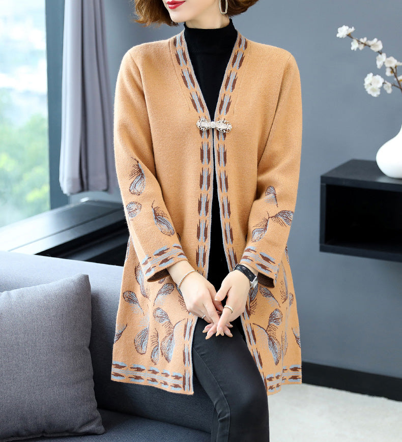 Floral Embroidery Chinese Style Knit Mother Coat Long Shawl