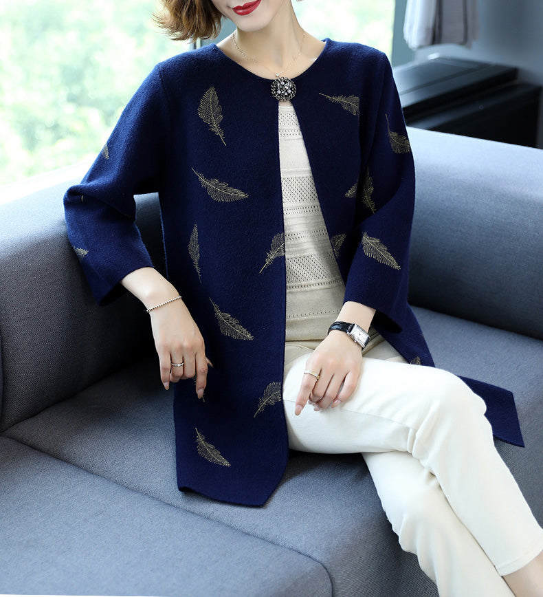 Feather Embroidery Knee Length Chinese Style Knit Coat Shawl