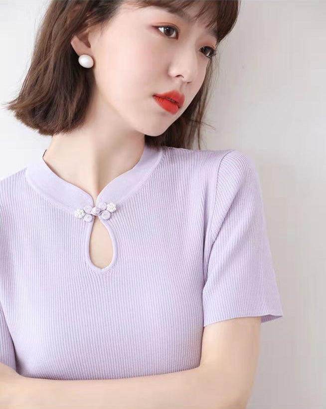 Key Hole Neck Short Sleeve Cheongsam Top Chinese Style Knit Shirt