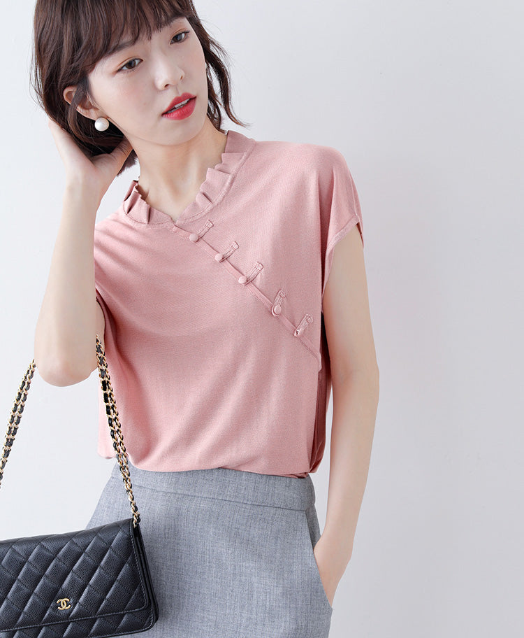 Cap Sleeve Cheongsam Top Chinese Style Casual Knit Shirt