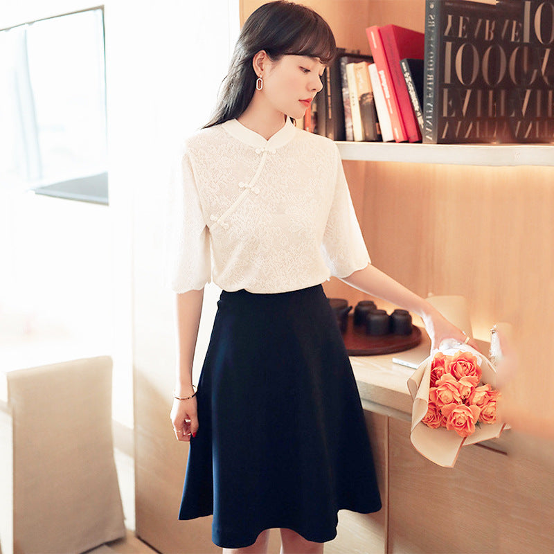 Half Sleeve Floral Lace Cheongsam Top Chinese Style Knit Shirt