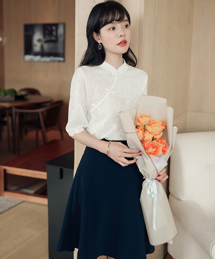 Half Sleeve Floral Lace Cheongsam Top Chinese Style Knit Shirt