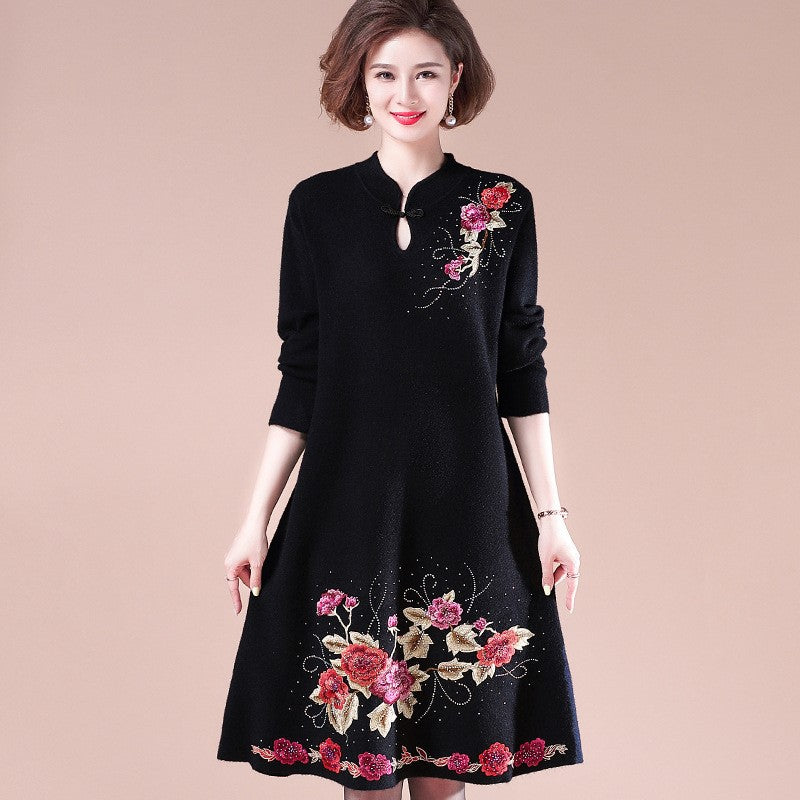 Floral Embroidery Long Sleeve Knee Length Modern Cheongsam A-line Knit Dress Floral Embroidery Long Sleeve Knee Length Modern Cheongsam A-line Knit Dress