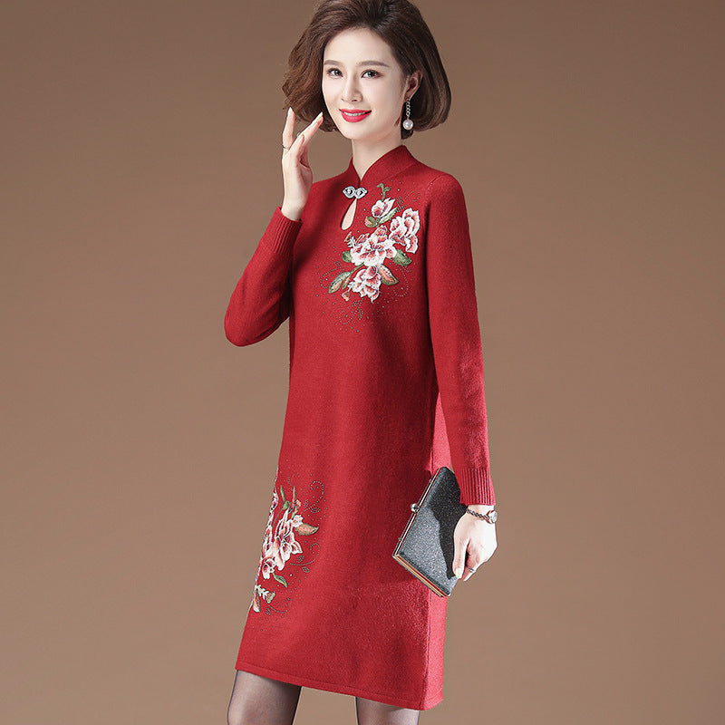 Floral Embroidery Mandarin Collar Knee Length Modern Cheongsam A-line Knit Dress