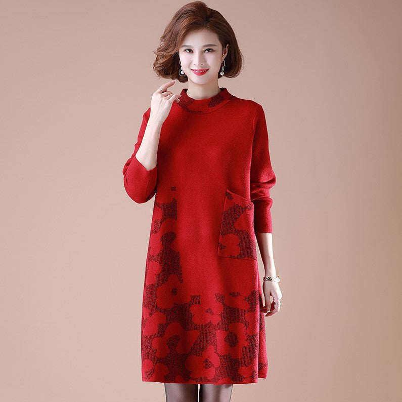 Round Collar Long Sleeve Knee Length A-line Floral Knit Dress with Poc IDREAMMART Round Collar Long Sleeve Knee Length A-line Floral Knit Dress with Poc IDREAMMART