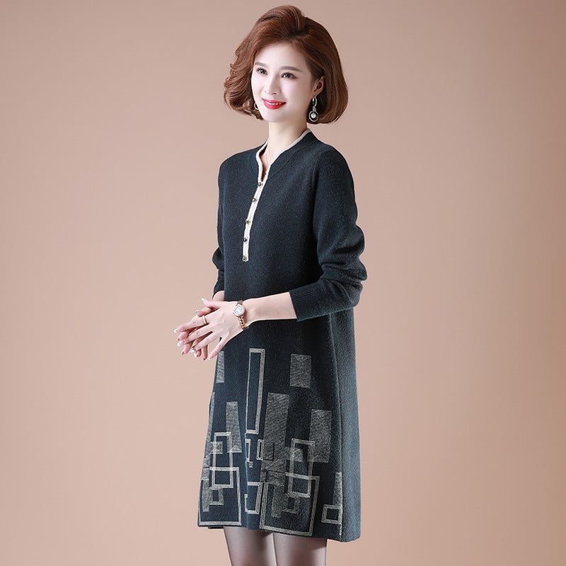 Geometry Pattern V Neck Long Sleeve Knee Length A-line Knit Dress IDREAMMART Geometry Pattern V Neck Long Sleeve Knee Length A-line Knit Dress IDREAMMART