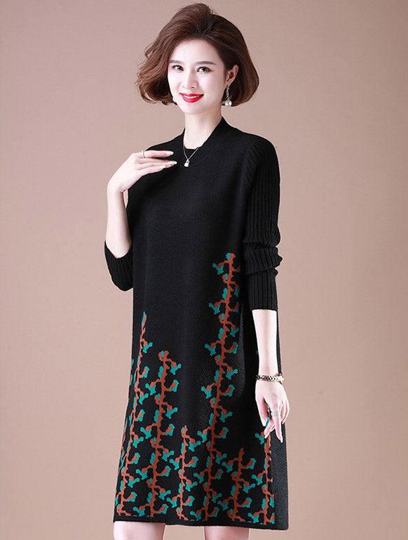 Round Neck Long Sleeve Knee Length A-line Floral Knit Dress IDREAMMART Round Neck Long Sleeve Knee Length A-line Floral Knit Dress IDREAMMART