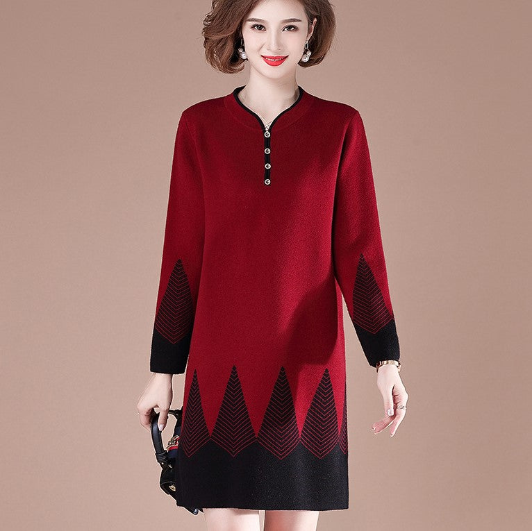 V Neck Long Sleeve Knee Length A-line Knit Dress Mother Dress – IDREAMMART
