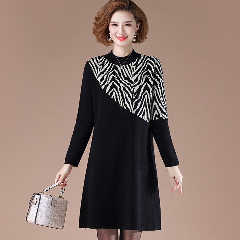 Zebra-stripe Pattern Long Sleeve Knee Length A-line Knit Dress Zebra-stripe Pattern Long Sleeve Knee Length A-line Knit Dress