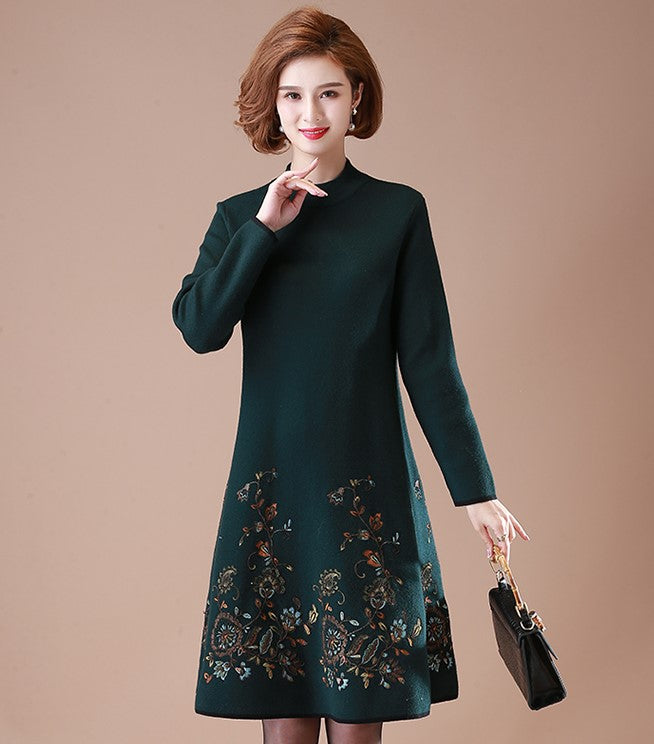 Floral Embroidery Long Sleeve Knee Length A-line Woolen Knit Dress IDREAMMART Floral Embroidery Long Sleeve Knee Length A-line Woolen Knit Dress IDREAMMART