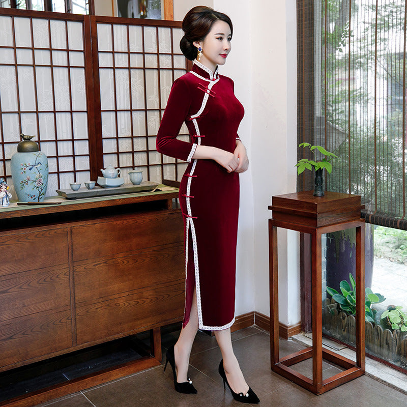 3/4 Sleeve Mandarin Collar Velvet Cheongsam Mother Dress