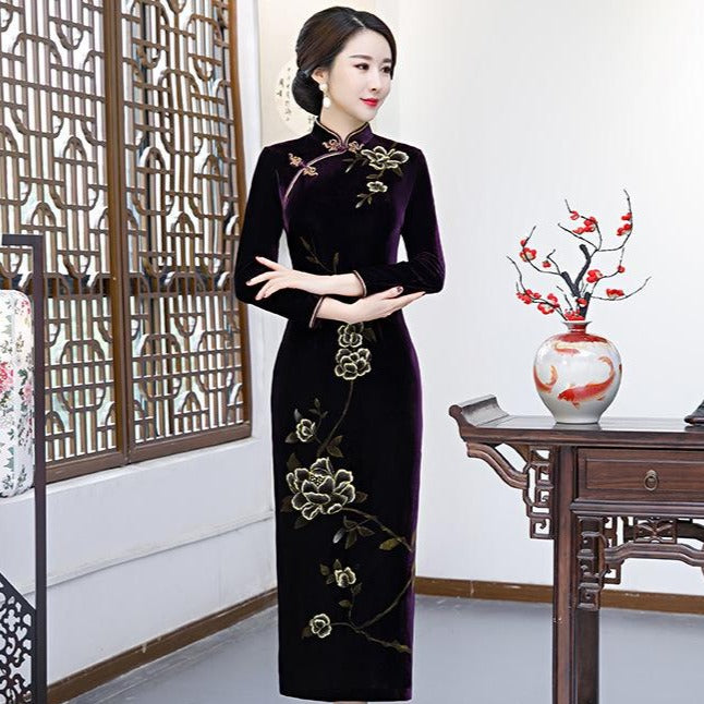 Long Sleeve Floral Velvet Cheongsam Chinese Style Mother Dress Purple / S Long Sleeve Floral Velvet Cheongsam Chinese Style Mother Dress Purple / S