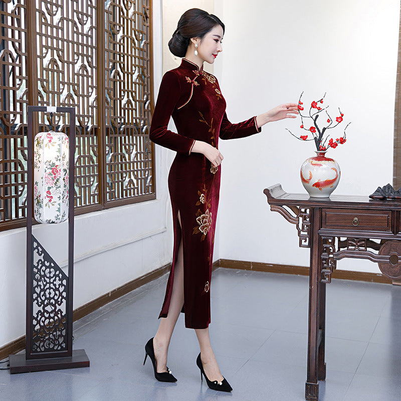Long Sleeve Floral Velvet Cheongsam Chinese Style Mother Dress