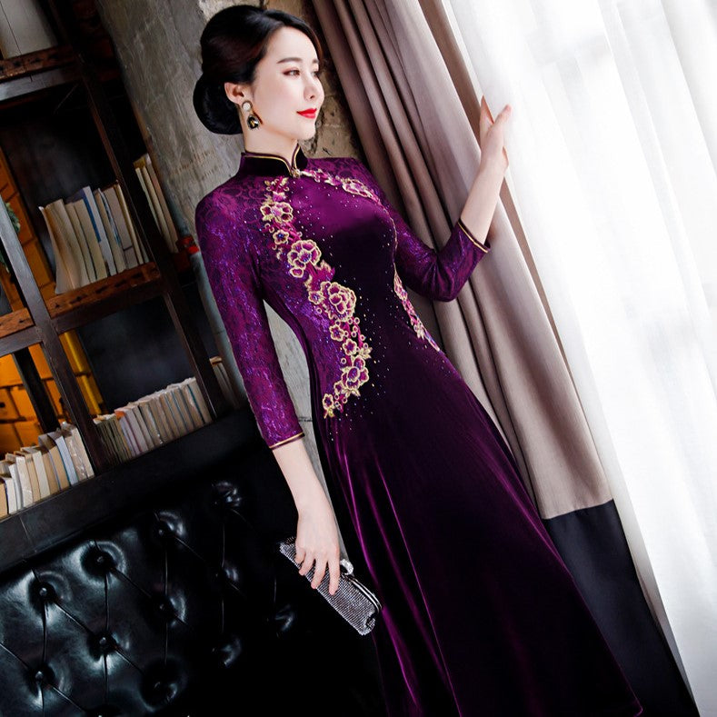 Floral Embroidery Loose Peplum Velvet Cheongsam Mother Dress IDREAMMART Floral Embroidery Loose Peplum Velvet Cheongsam Mother Dress IDREAMMART