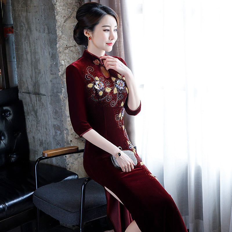 Key Hole Neck Floral Embroidery & Appliques Velvet Cheongsam Mother Dress