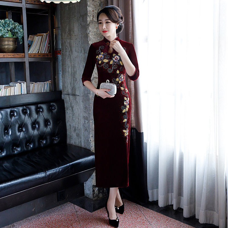 Key Hole Neck Floral Embroidery & Appliques Velvet Cheongsam Mother Dress