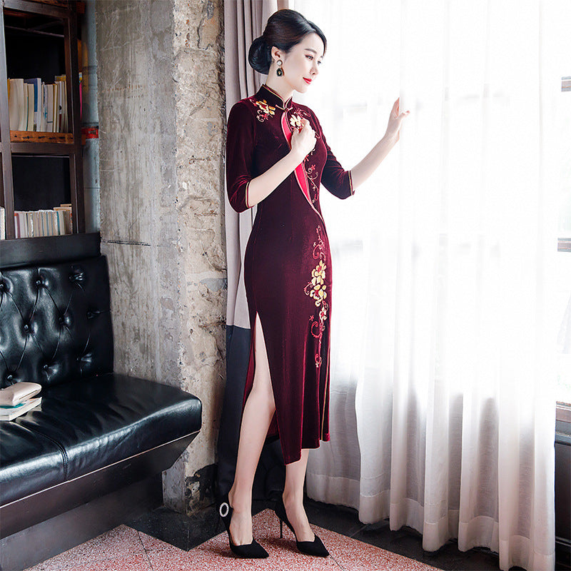 burgundy chinese dress A-line Wedding Qipao, A-line Wedding red Cheongsam, Chinese dress Burgundy / S