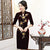 Key Hole Neck Floral Appliques Velvet Cheongsam Mother Dress