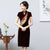 Cap Sleeve Key Hole Neck Floral Appliques Velvet Cheongsam Mother Dress