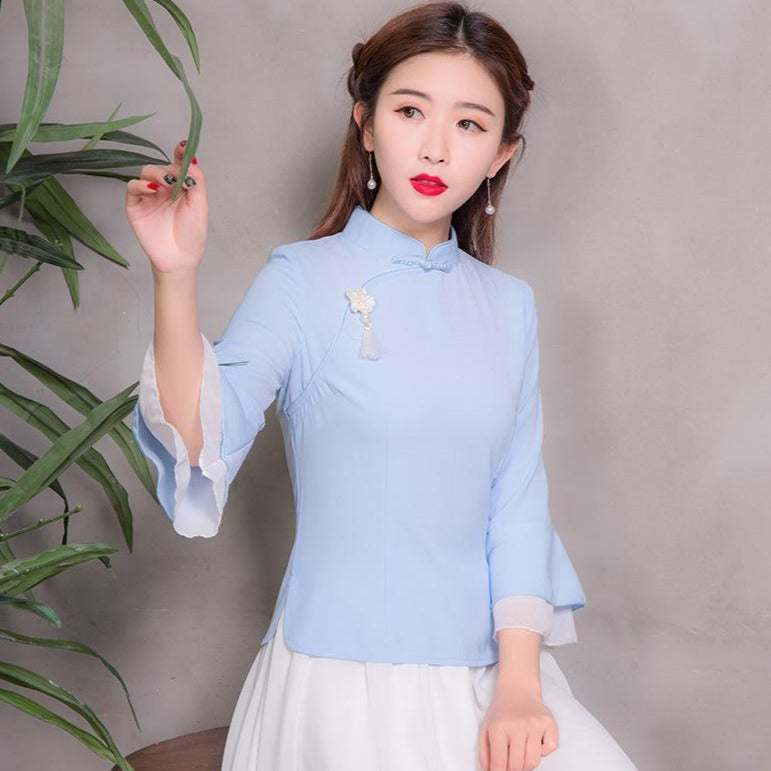 Mandarin Sleeve Cheongsam Top Traditional Chinese Shirt with Tassel