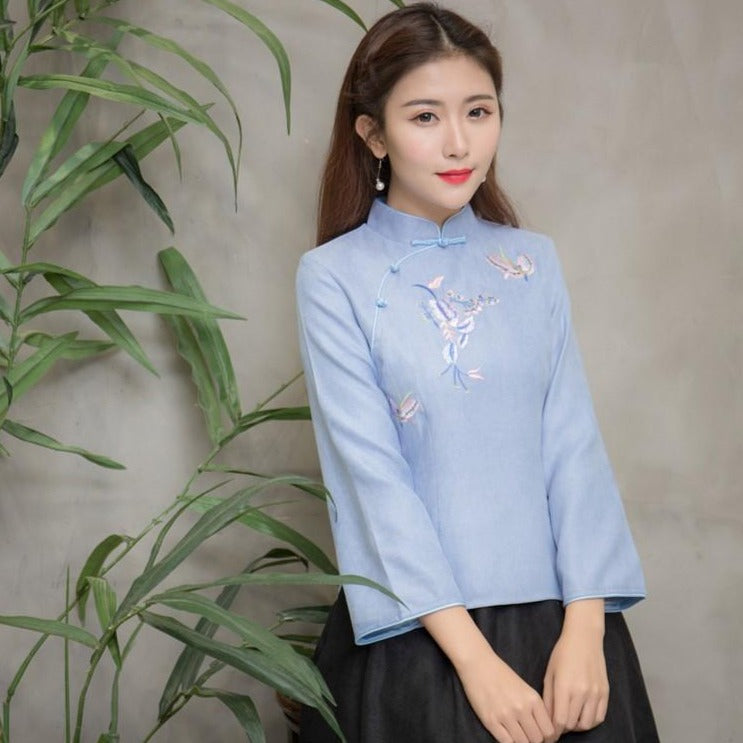 Floral & Butterfly Embroidery Cheongsam Top Traditional Chinese Shirt