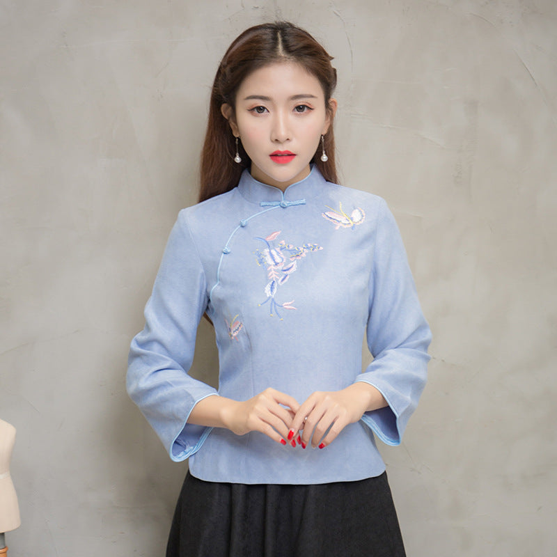 Floral & Butterfly Embroidery Cheongsam Top Traditional Chinese Shirt