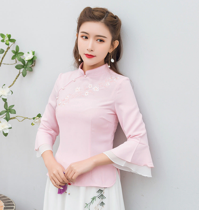 Mandarin Sleeve Floral Embroidery Cheongsam Top Traditional Chinese Shirt
