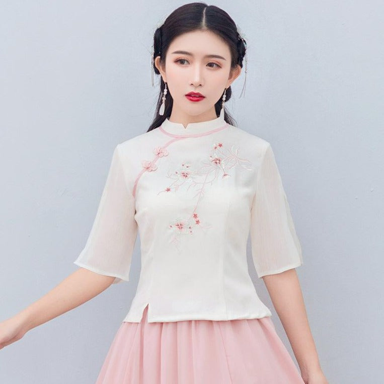 Illusion Sleeve Floral Embroidery Chiffon Chinese Shirt