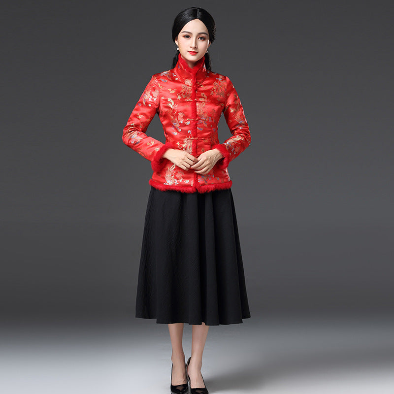 Fur Edge Floral Brocade Traditional Chinese Wadded Coat Mother Coat