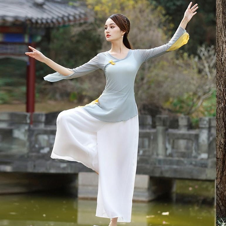 Round Neck Chinese Style Yoga Wear Dance Costume Grey / XXL