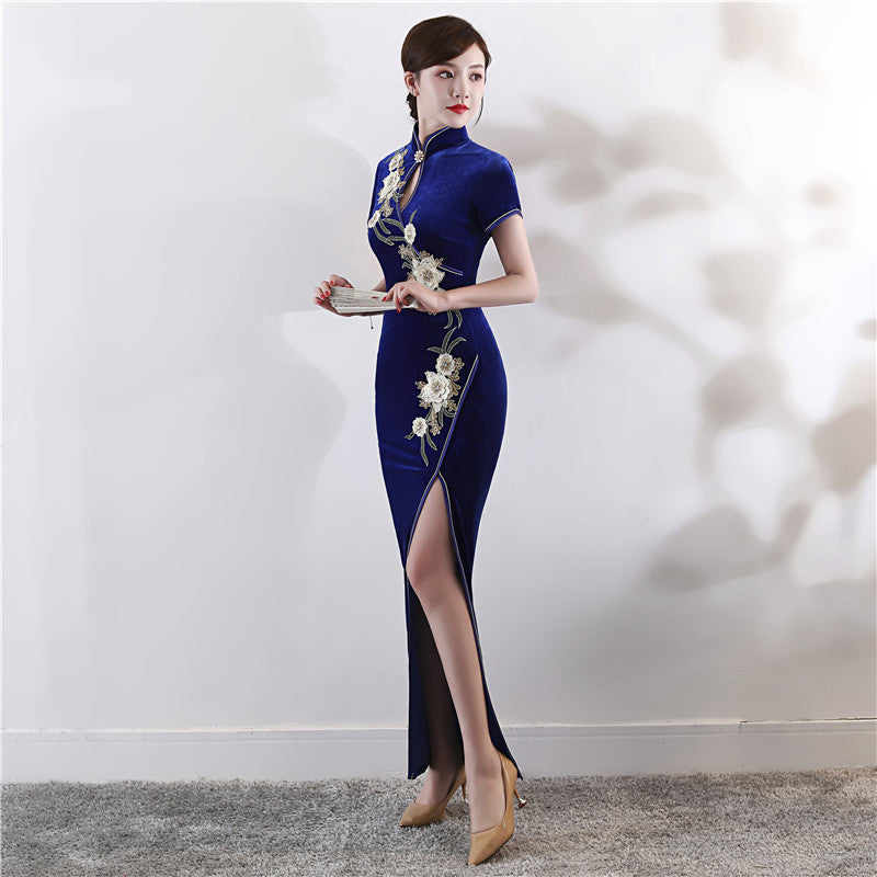 Floral Embroidery Velvet Cheongsam Top Retro Evening Dress